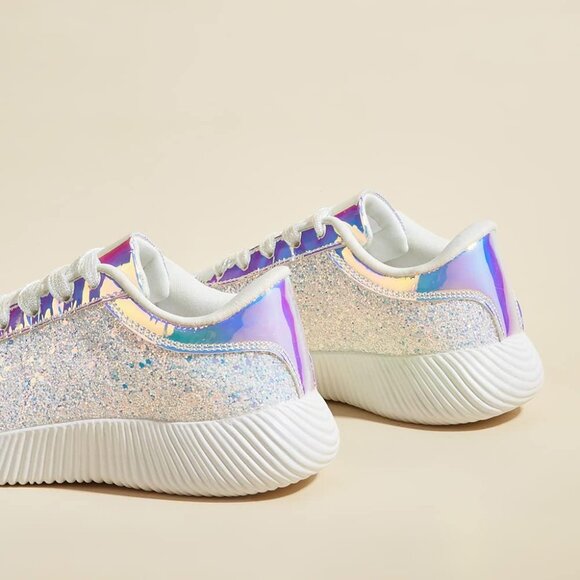 Brand New Women White Rubber LUCKY STEP Glitter Sparkly Metallic Tennis Shoes - Picture 4 of 9